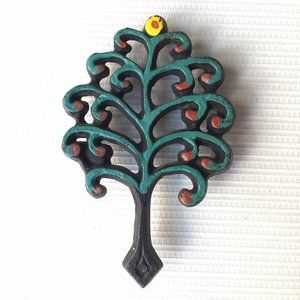 Small Cast Iron Metal Trivet Footed Spoon Rest Tree of Life Painted Ornate Green